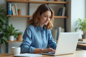 Jeune femme au bureau travaillant sur un ordinateur portable