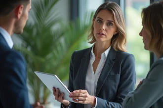 Femme en réunion dans un bureau moderne avec tablette