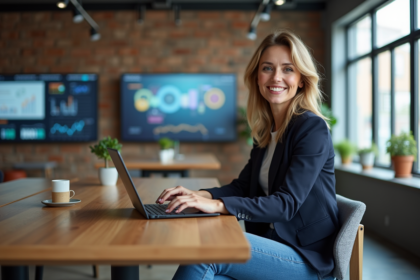 Femme souriante travaillant sur un ordinateur dans un espace coworking