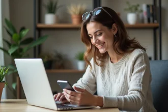 Femme utilisant son ordinateur et smartphone dans un bureau à domicile