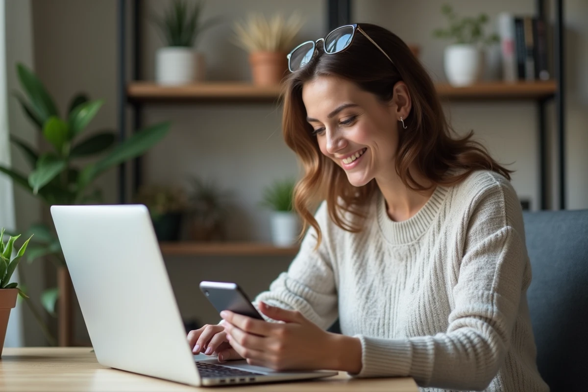 Femme utilisant son ordinateur et smartphone dans un bureau à domicile