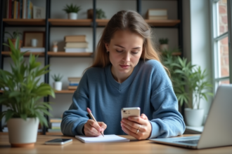 Jeune femme concentrée sur son smartphone dans un bureau moderne
