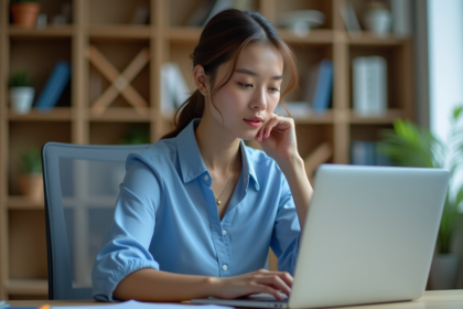Jeune femme professionnelle concentrée sur son ordinateur en bureau moderne