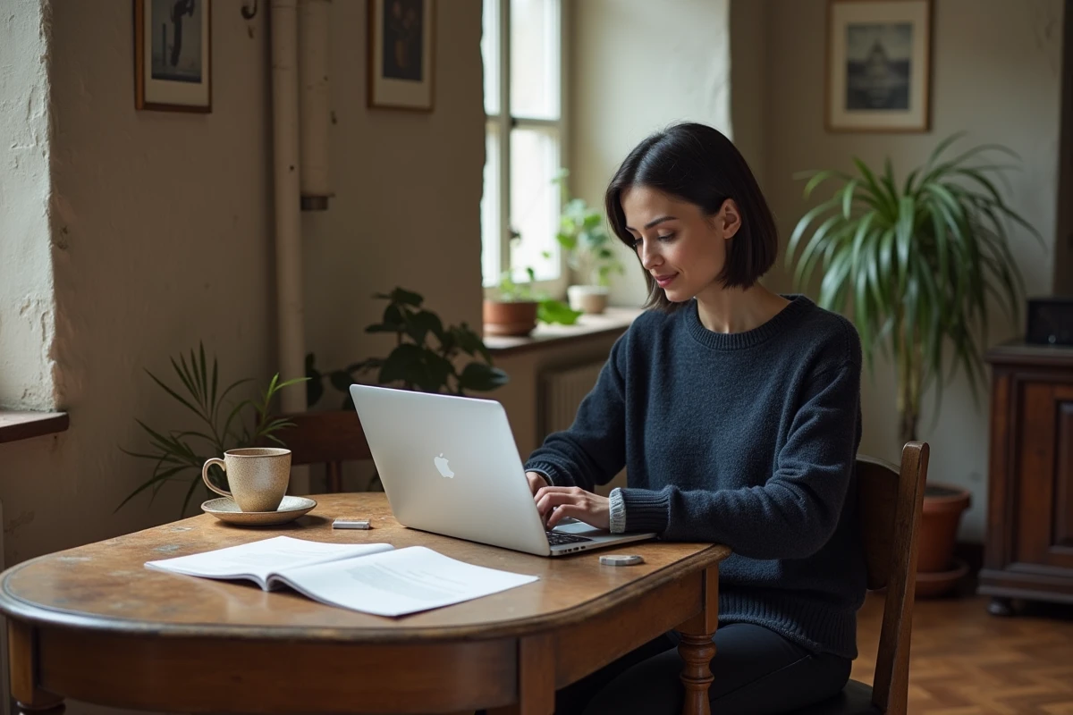 Femme travaillant sur un ordinateur portable dans un appartement lumineux