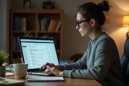Femme triant des spams et des emails promotionnels dans sa boîte de réception sur un ordinateur portable à son bureau à domicile