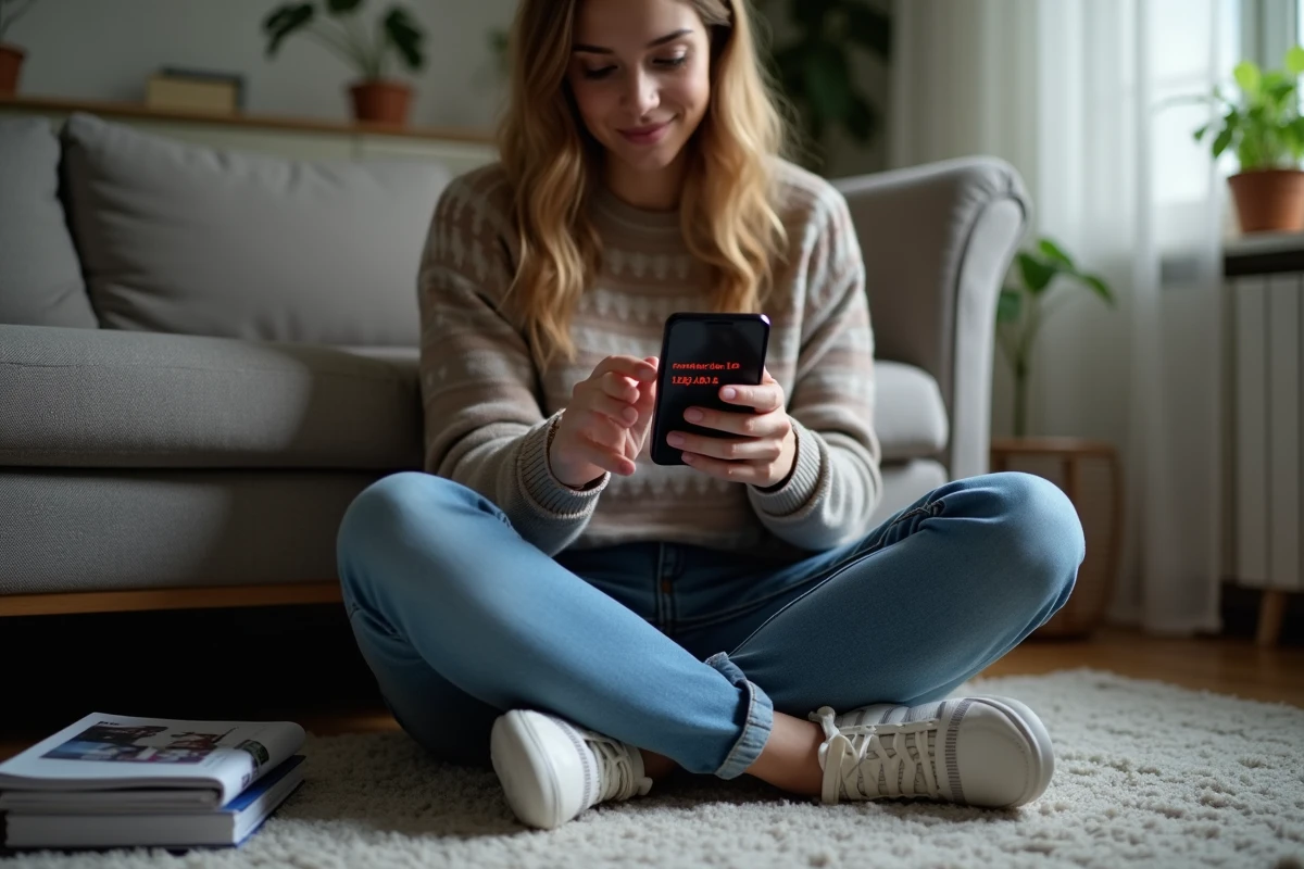 Femme assise sur un tapis avec smartphone et erreur de connexion