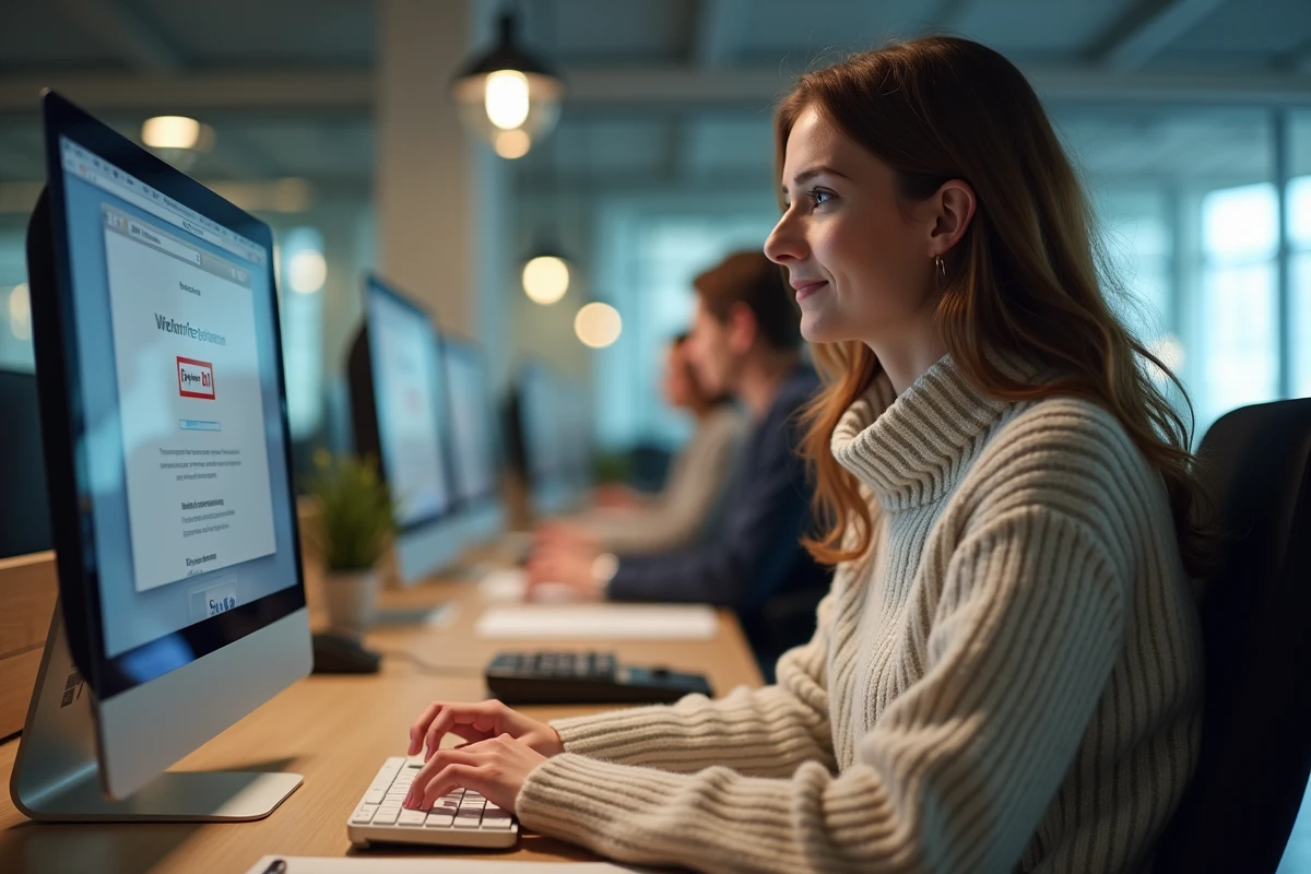 Femme en open space utilisant son ordinateur pour résoudre un problème