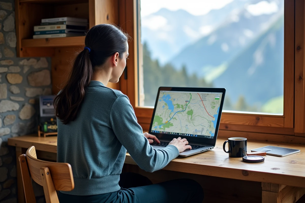Femme travaillant sur la fusion de fichiers GPX et KML sur un ordinateur portable dans un chalet de montagne