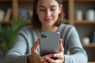 Femme effectuant un geste de capture d'écran par balayage de la paume sur un Samsung Galaxy, assise à un bureau en bois moderne