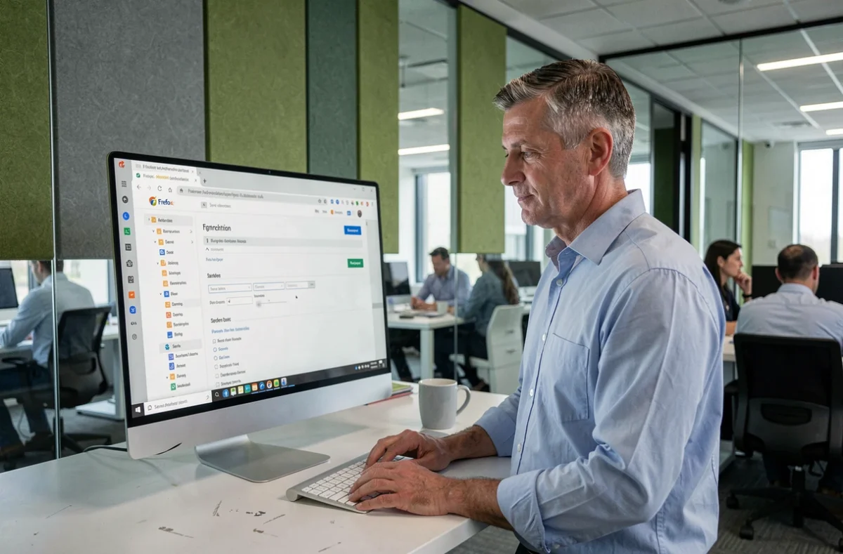 Homme gérant la synchronisation Firefox et ses marques-pages sur un grand écran dans un bureau professionnel moderne