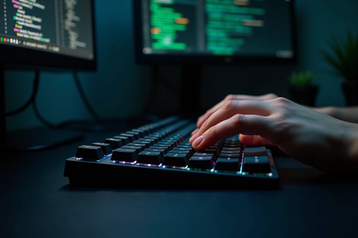 Gros plan sur des mains de programmeur au-dessus d'un clavier mécanique avec la touche antislash visible, écran affichant des séquences d'échappement en arrière-plan