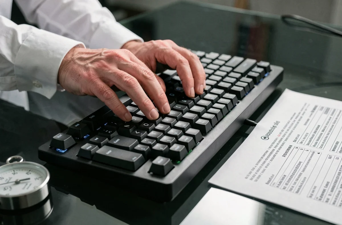 Gros plan de mains tapant rapidement sur un clavier mécanique lors d'un exercice de test de frappe