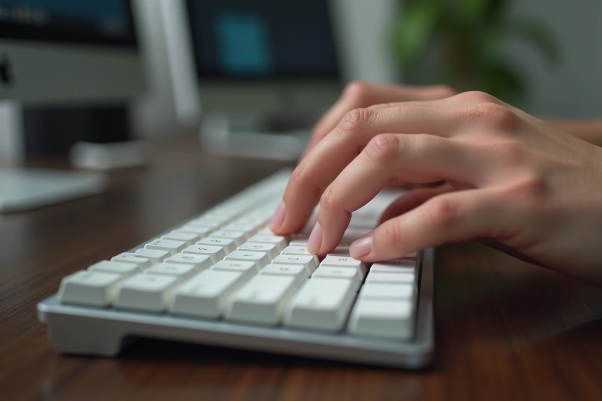 Gros plan de mains d'adulte tapant sur un clavier mécanique blanc avec le pouce sur la barre espace lors d'un test de frappe