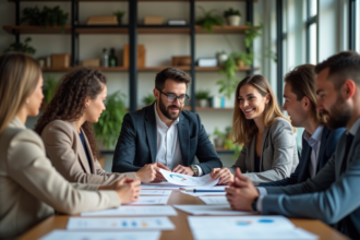 Groupe de salariés en réunion dans un bureau moderne