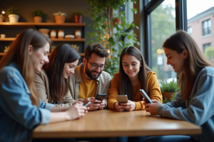 Groupe de jeunes adultes dans un café moderne utilisant leurs smartphones