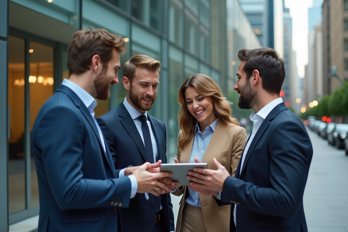 Groupe de jeunes professionnels discutant devant un bâtiment urbain