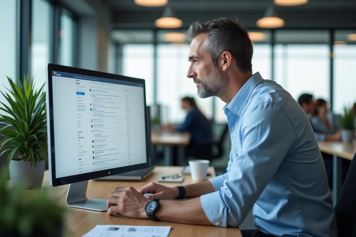 Homme utilisant une adresse email temporaire Yopmail pour filtrer les publicités et protéger sa boîte mail principale au bureau