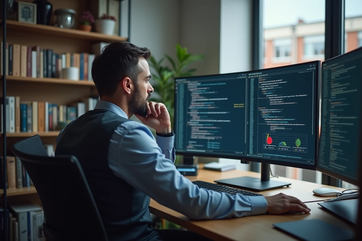 Homme en home office analyse du code Python sur grand écran