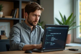 Homme concentré face à un ordinateur avec erreur d'accès
