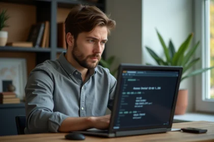 Homme concentré face à un ordinateur avec erreur d'accès
