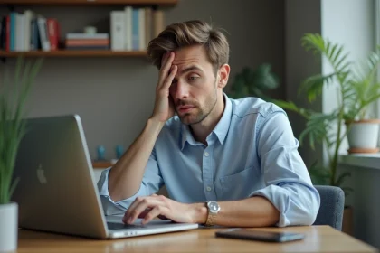 Homme au bureau regardant son email non envoyé