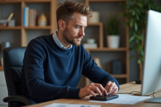 Homme d'âge moyen utilisant un disque dur externe dans un bureau moderne