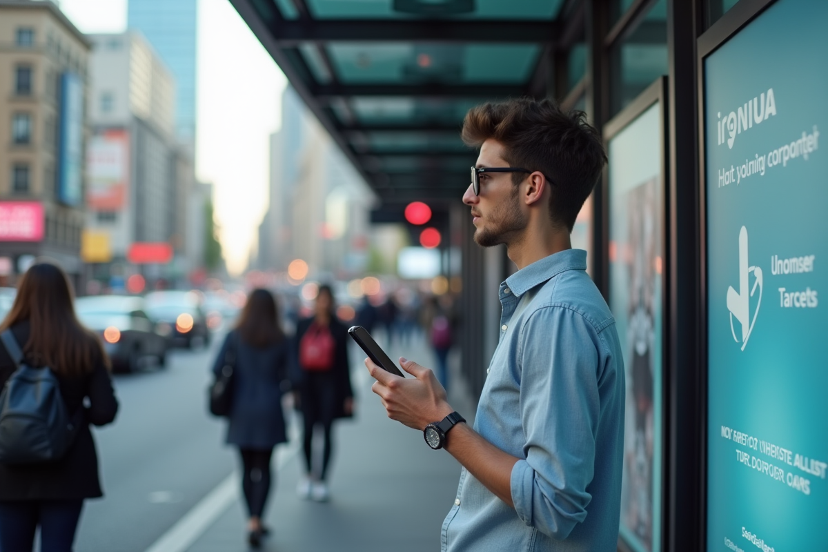 Jeune homme regardant une publicité ciblée dans la ville