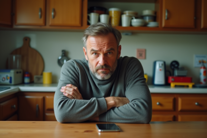 Homme d'âge moyen dans la cuisine réfléchissant devant son smartphone