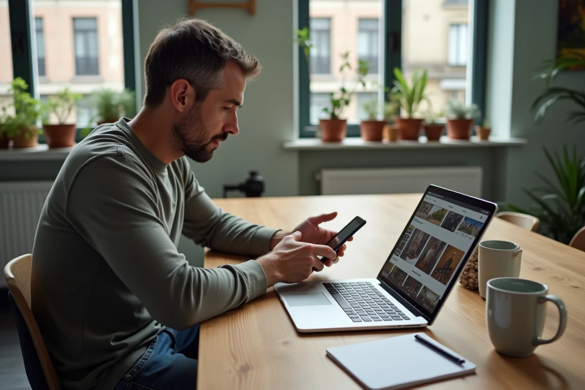 Homme utilisant son smartphone pour classer des vidéos téléchargées