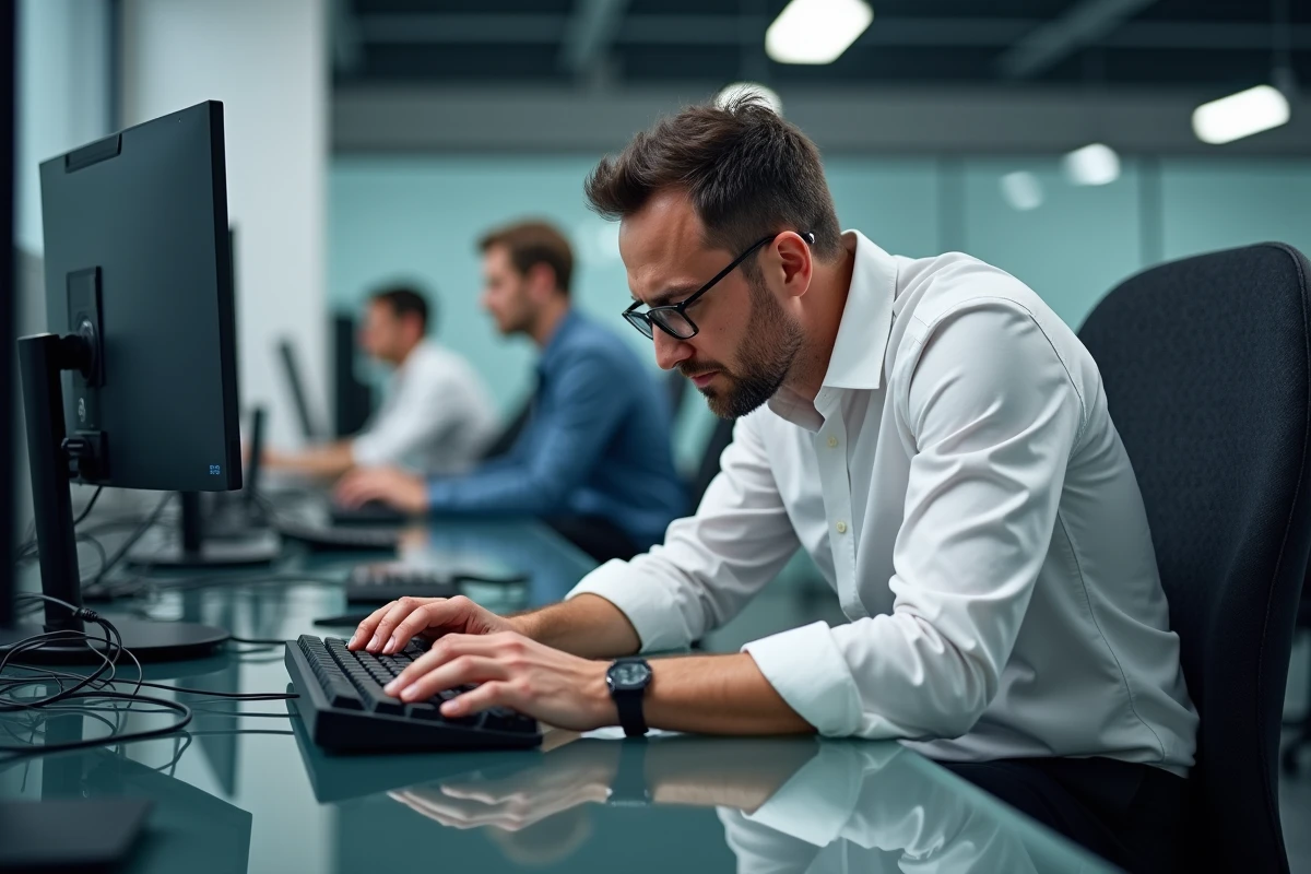 Homme en chemise blanche inspectant un clavier mécanique mal configuré dans un bureau en open space