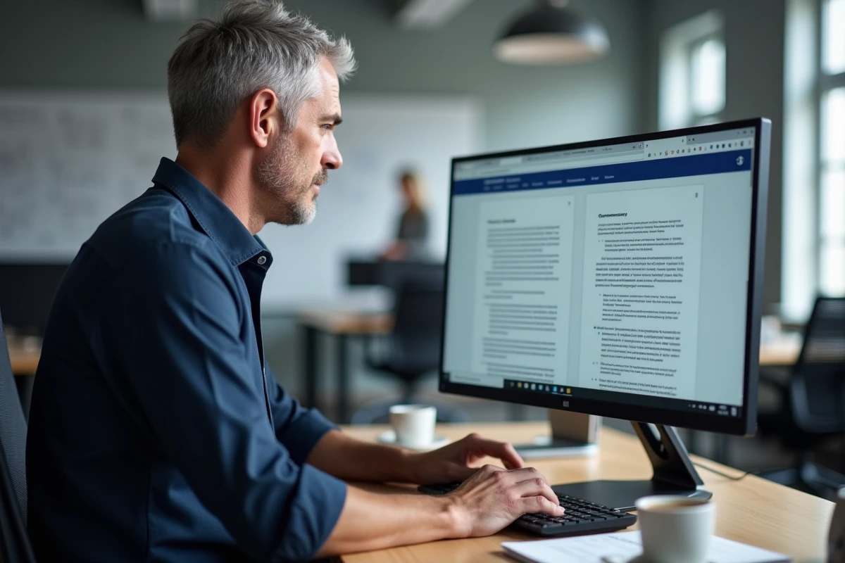 Homme comparant des correcteurs grammaticaux sur deux interfaces numériques dans un bureau professionnel