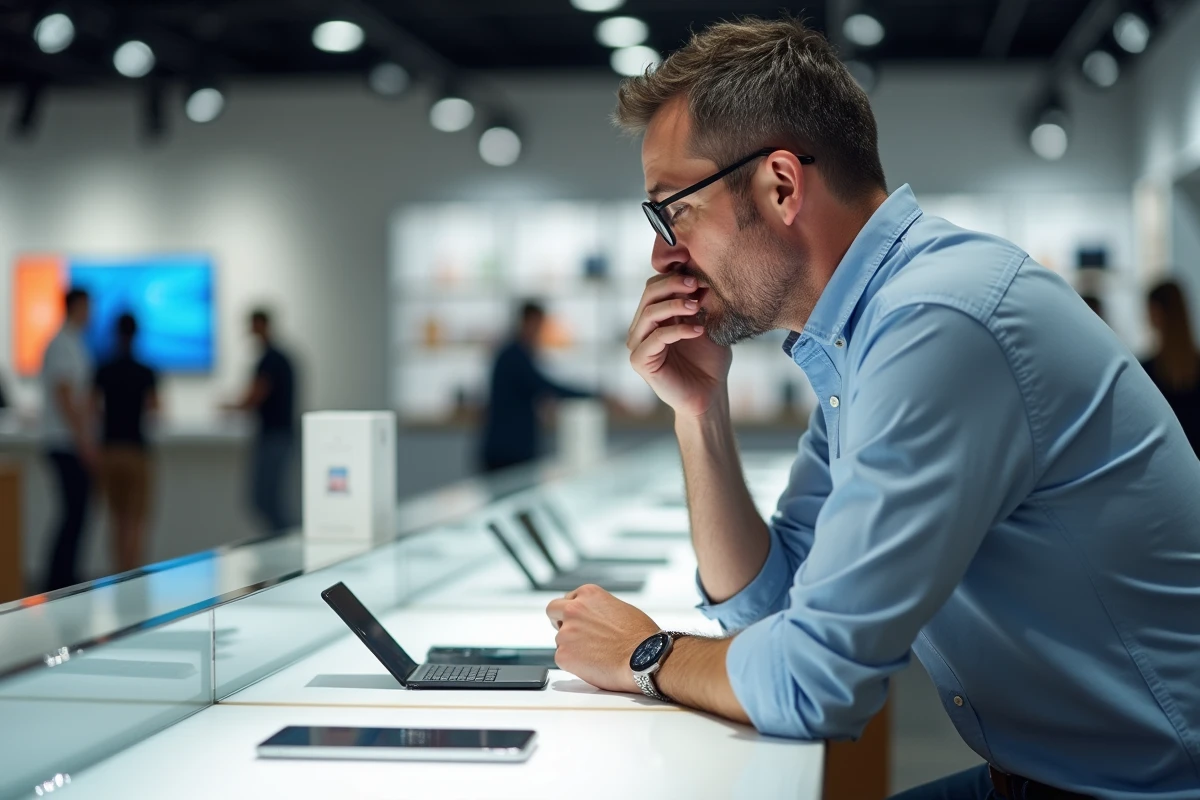 Homme en magasin comparant deux smartphones modernes