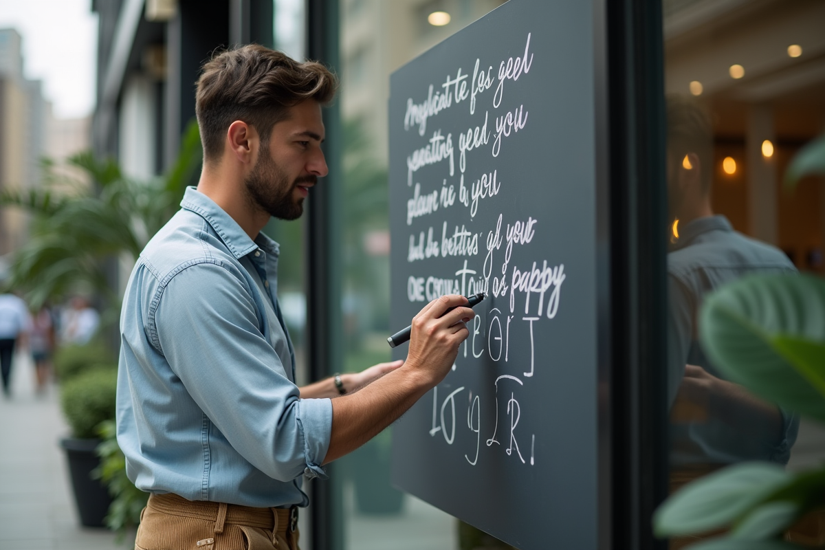 Homme créant une calligraphie sur un panneau en extérieur