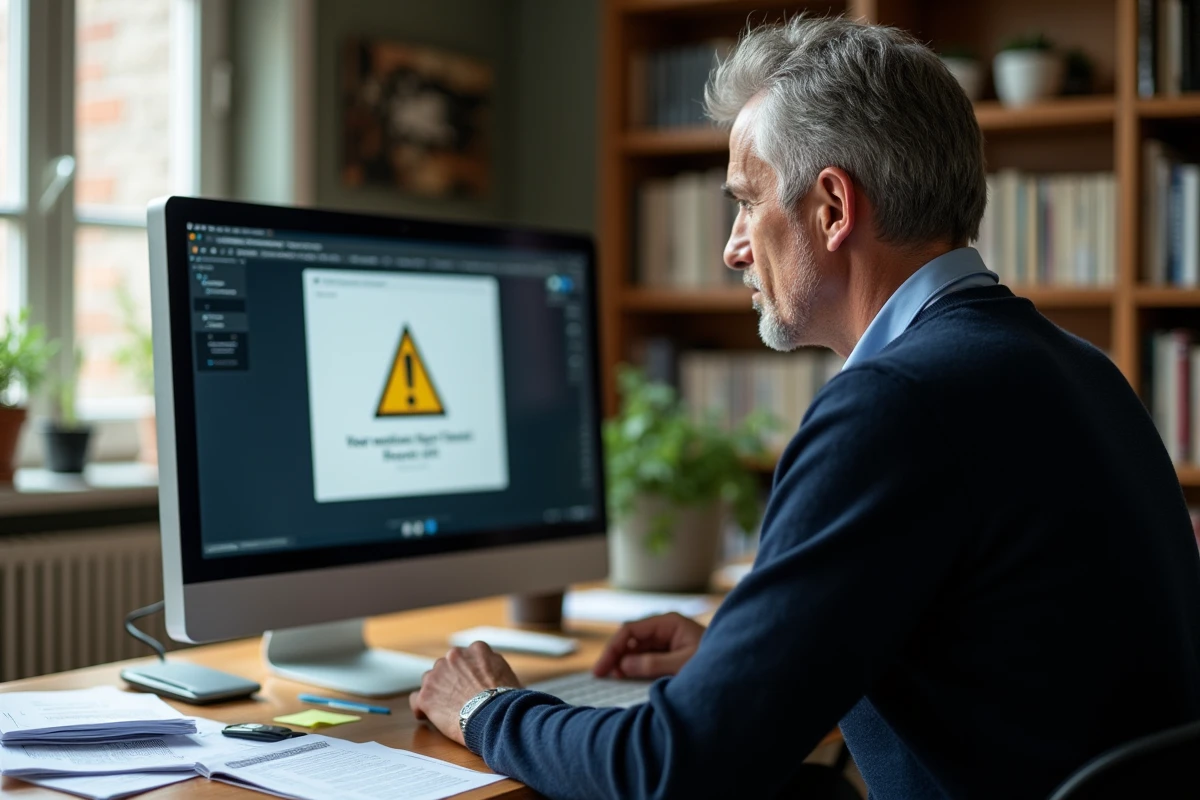 Homme analysant une alerte de filtre anti-fraude avec URL bloquée sur un ordinateur de bureau à domicile