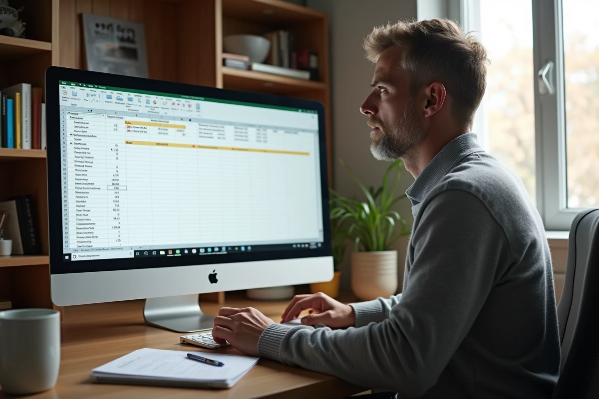 Homme travaillant sur un tableau Excel avec formule de calcul de moyenne sur grand écran à domicile