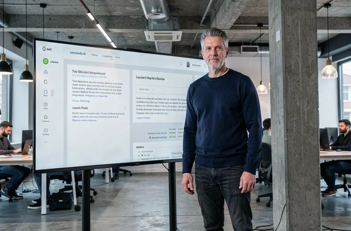 Homme consultant l'interface Leonardo AI avec des prompts en anglais et en français affichés sur un grand écran dans un espace de coworking
