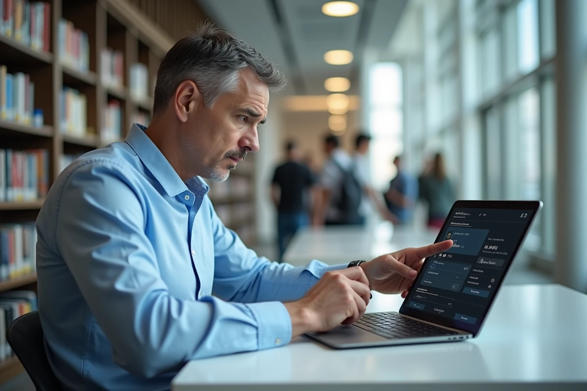 Homme en bibliothèque utilisant une tablette pour montage vidéo