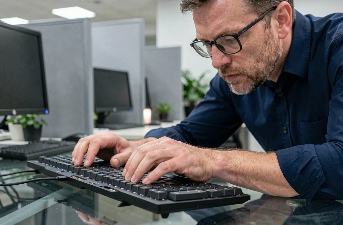 Homme en bureau repérant la position de la touche Shift sur un clavier mécanique