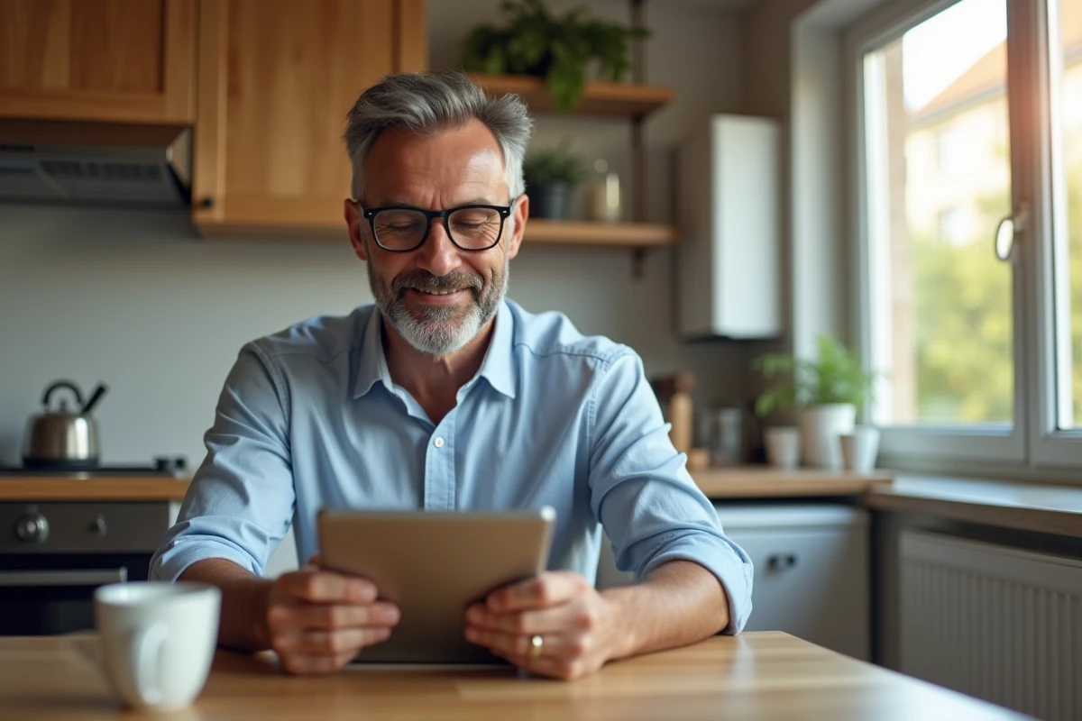 Homme souriant utilisant sa tablette dans une cuisine lumineuse