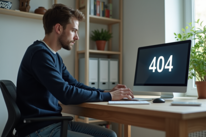 Jeune homme face à un écran 404 dans un bureau moderne