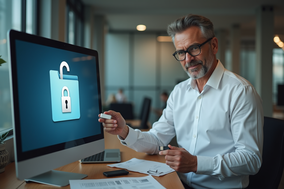 Homme vérifiant un fichier avec un cadenas sur son écran