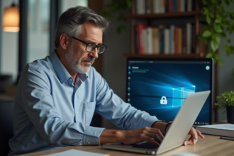 Homme d'âge moyen travaillant sur un ordinateur avec alerte Windows 11