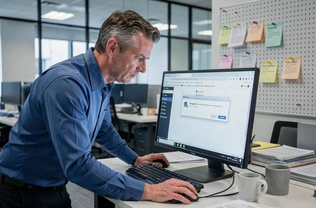 Homme professionnel paramétrant l'extension LanguageTool sur Firefox dans un bureau en open space