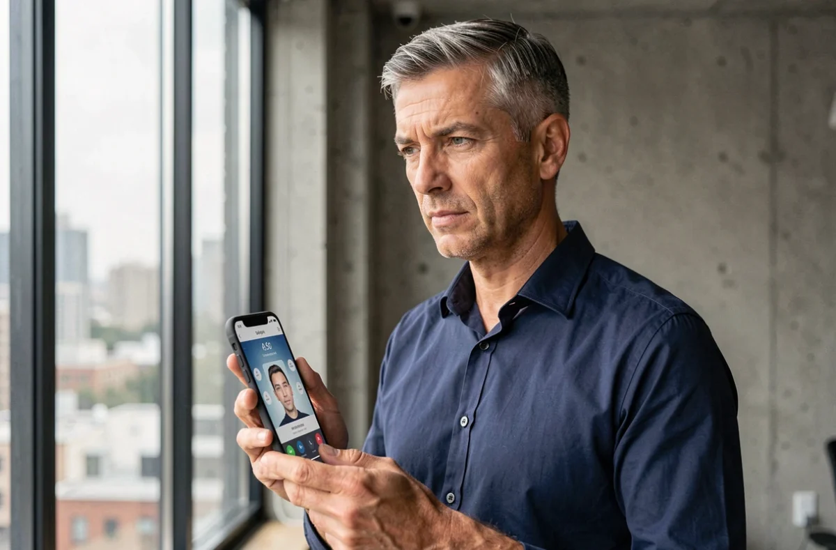 Homme consultant une application de reconnaissance faciale sur smartphone pour surveiller l'utilisation de ses photos sur internet