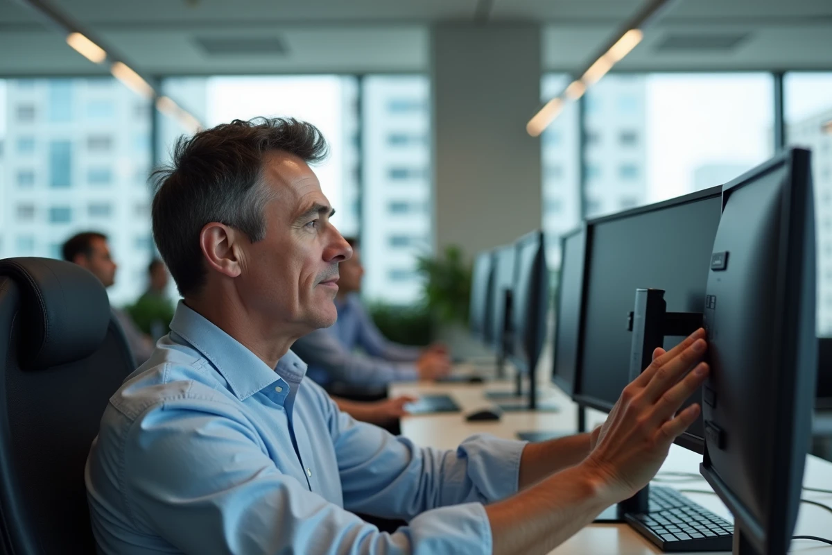 Homme d affaires réglant un moniteur au bureau