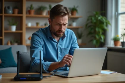 Homme vérifiant un câble réseau connecté au routeur