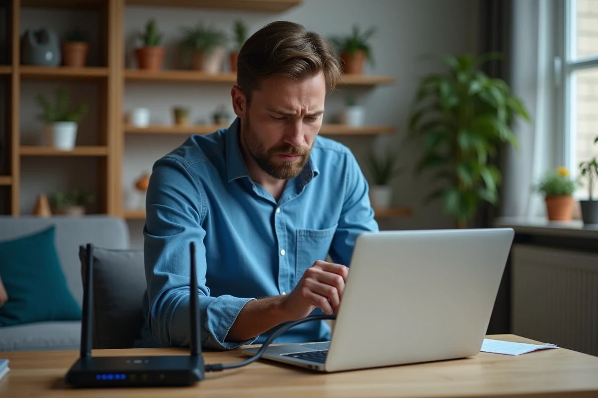 Homme vérifiant un câble réseau connecté au routeur