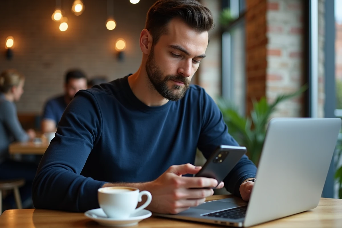 Homme comparant un Samsung Galaxy A35 5G et un MacBook dans un café urbain moderne