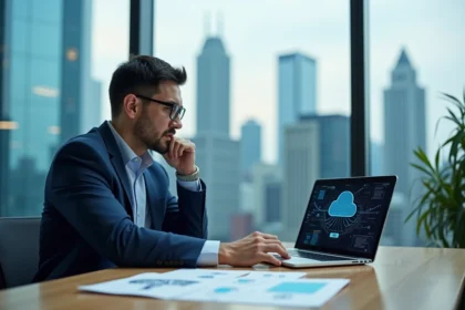 Homme d'affaires travaillant sur diagramme cloud en bureau moderne