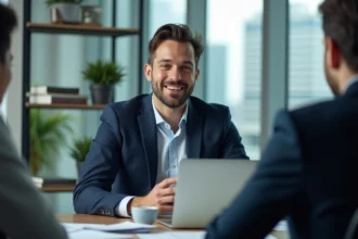 Homme confiant présentant des stratégies SEO en réunion
